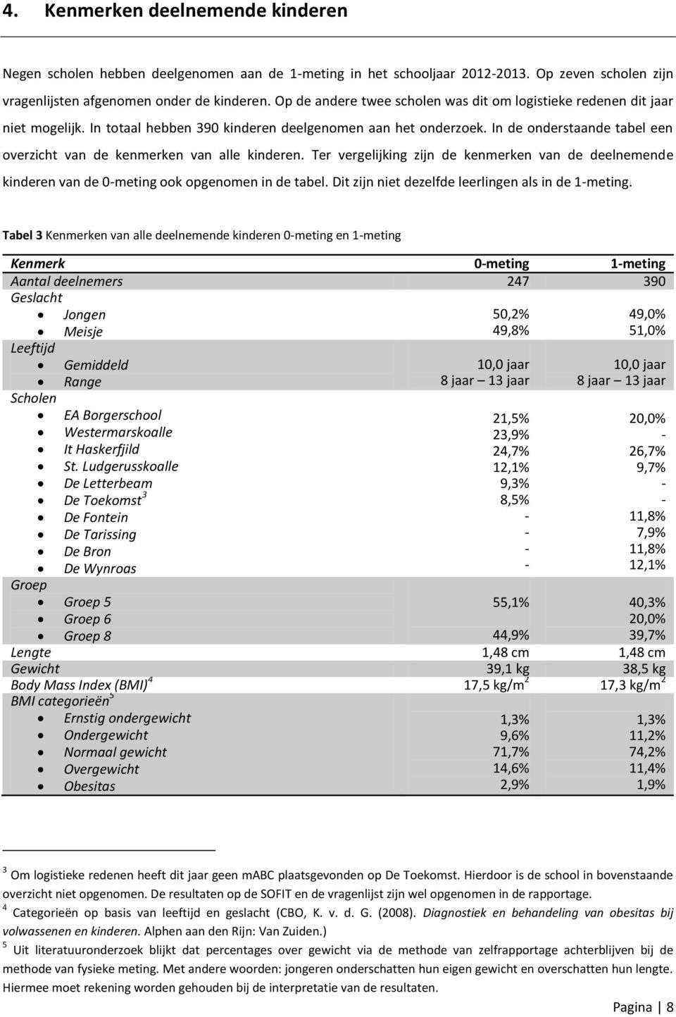 In de onderstaande tabel een overzicht van de kenmerken van alle kinderen. Ter vergelijking zijn de kenmerken van de deelnemende kinderen van de 0-meting ook opgenomen in de tabel.