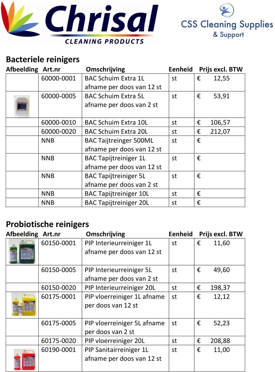 Probiotische reinigers 60150-0001 PIP Interieurreiniger 1L st 11,60 60150-0005 PIP Interieurreiniger 5L st 49,60 60150-0020 PIP Interieurreiniger 20L st 198,37