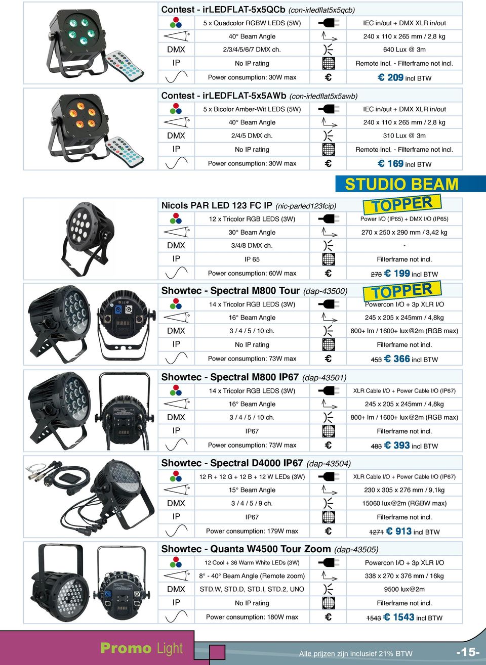 Power consumption: 30W max 209 incl BTW Contest - irledflat-5x5awb (con-irledflat5x5awb) 5 x Bicolor Amber-Wit LEDS (5W) IEC in/out + DMX XLR in/out 40 Beam Angle 240 x 110 x 265 mm / 2,8 kg DMX