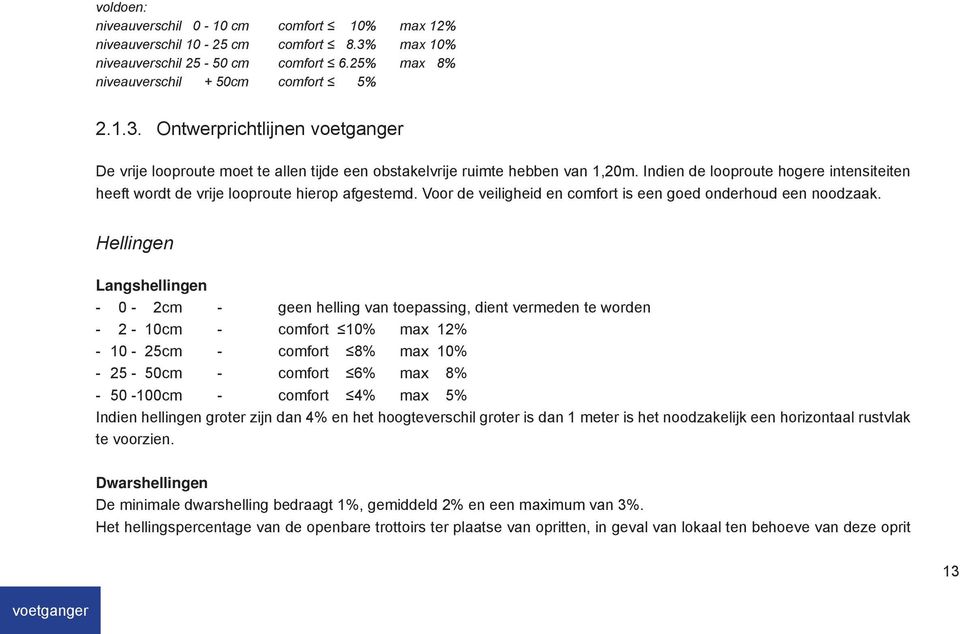 Hellingen Langshellingen - 0-2cm - geen helling van toepassing, dient vermeden te worden - 2-10cm - comfort 10% max 12% - 10-25cm - comfort 8% max 10% - 25-50cm - comfort 6% max 8% - 50-100cm -