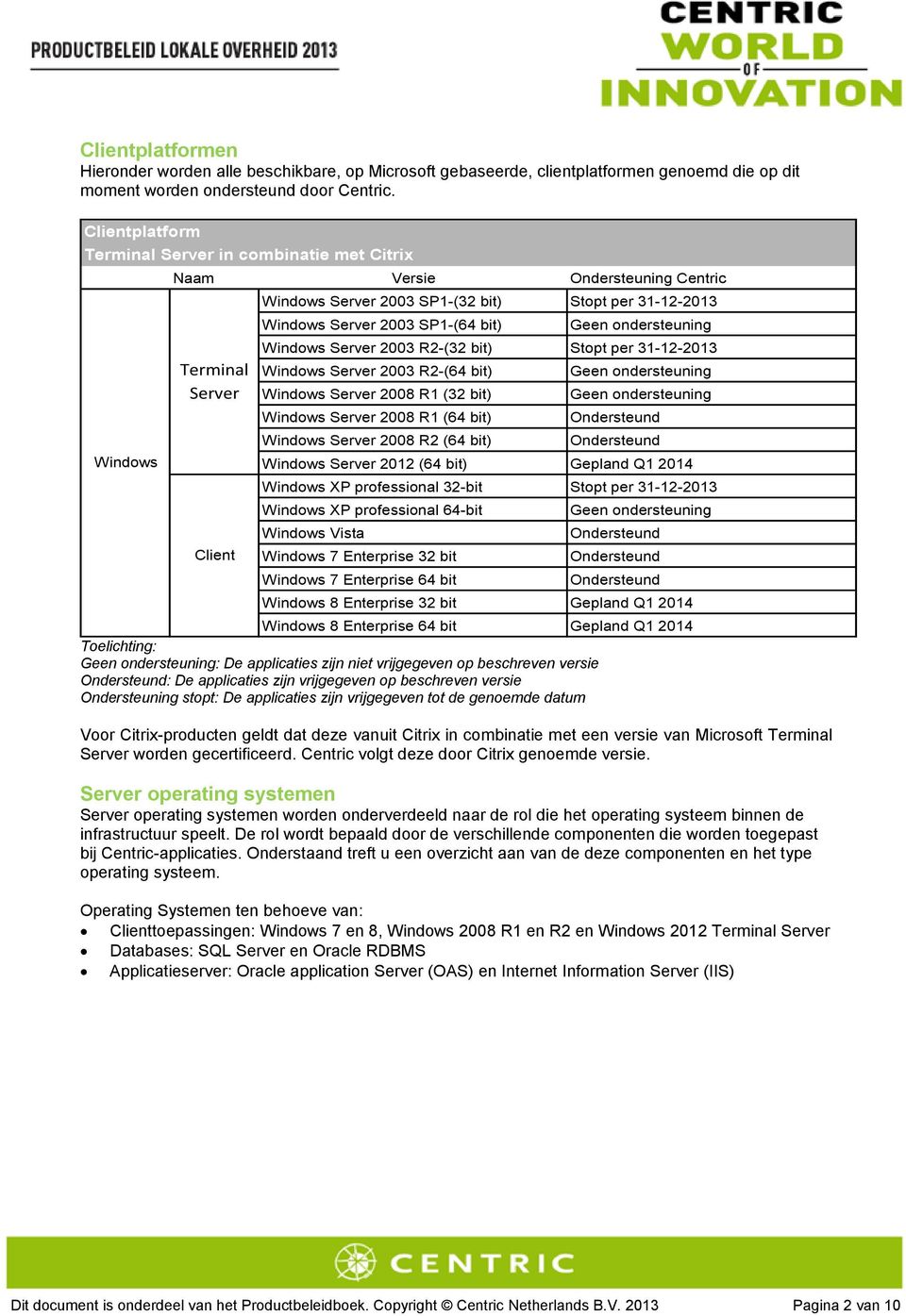 per 31-12-2013 Server 2003 R2-(64 bit) Server 2008 R1 (32 bit) Server 2008 R1 (64 bit) Server 2008 R2 (64 bit) Geen ondersteuning Geen ondersteuning Server 2012 (64 bit) Gepland Q1 2014 XP