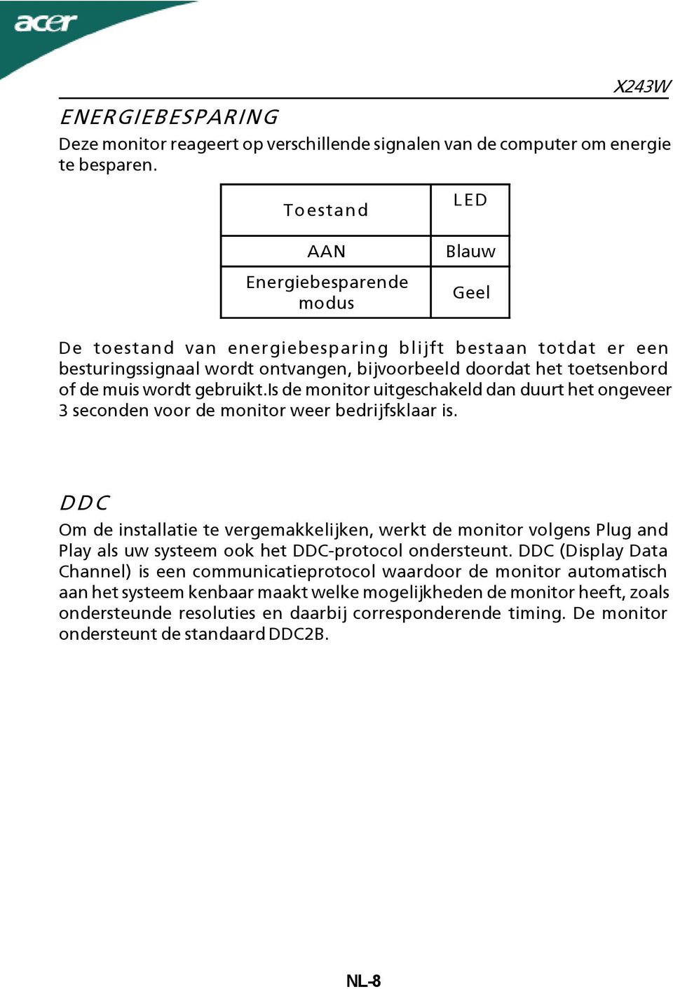 wordt gebruikt.is de monitor uitgeschakeld dan duurt het ongeveer 3 seconden voor de monitor weer bedrijfsklaar is.