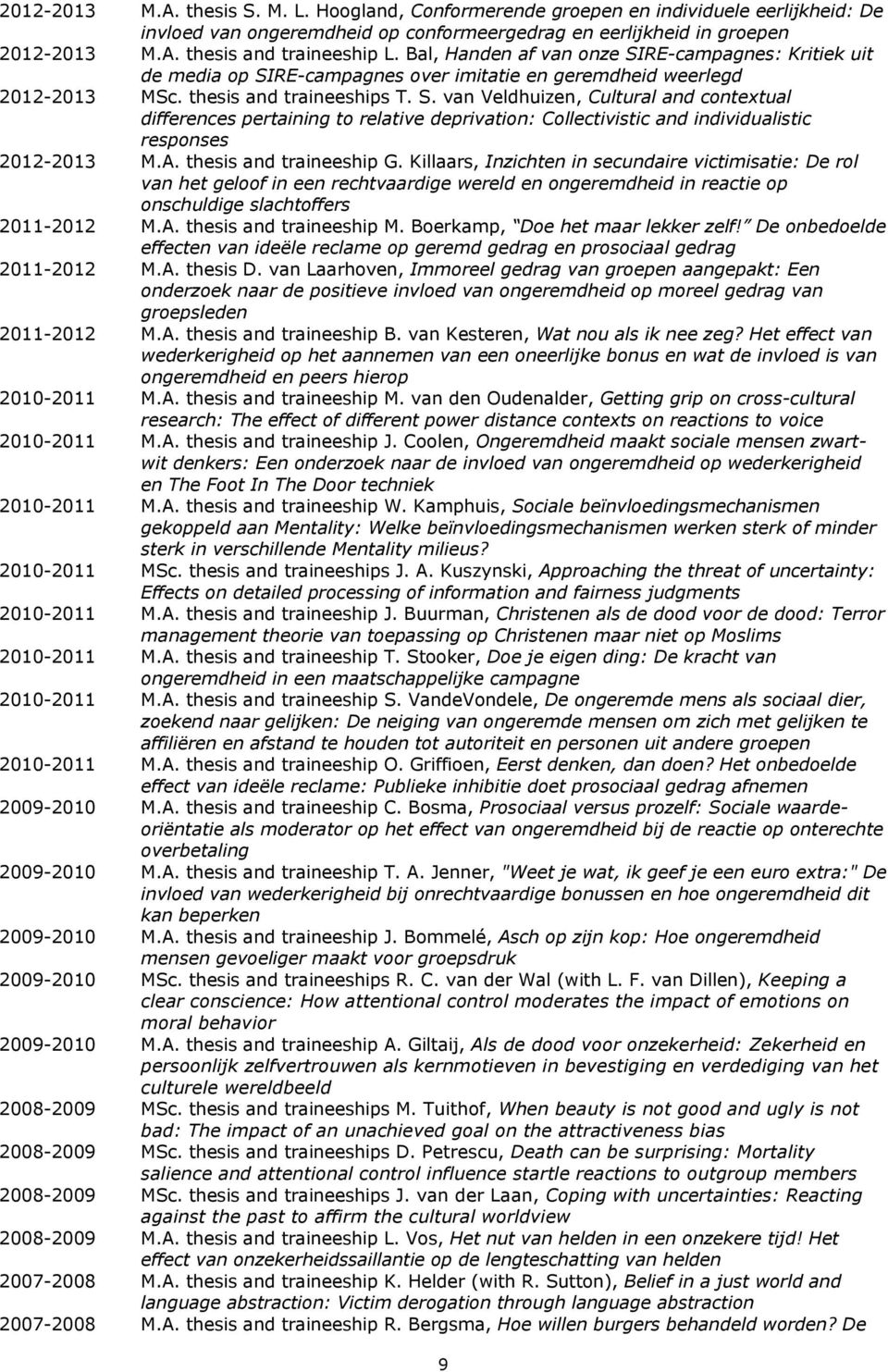 A. thesis and traineeship G. Killaars, Inzichten in secundaire victimisatie: De rol van het geloof in een rechtvaardige wereld en ongeremdheid in reactie op onschuldige slachtoffers 2011-2012 M.A. thesis and traineeship M.