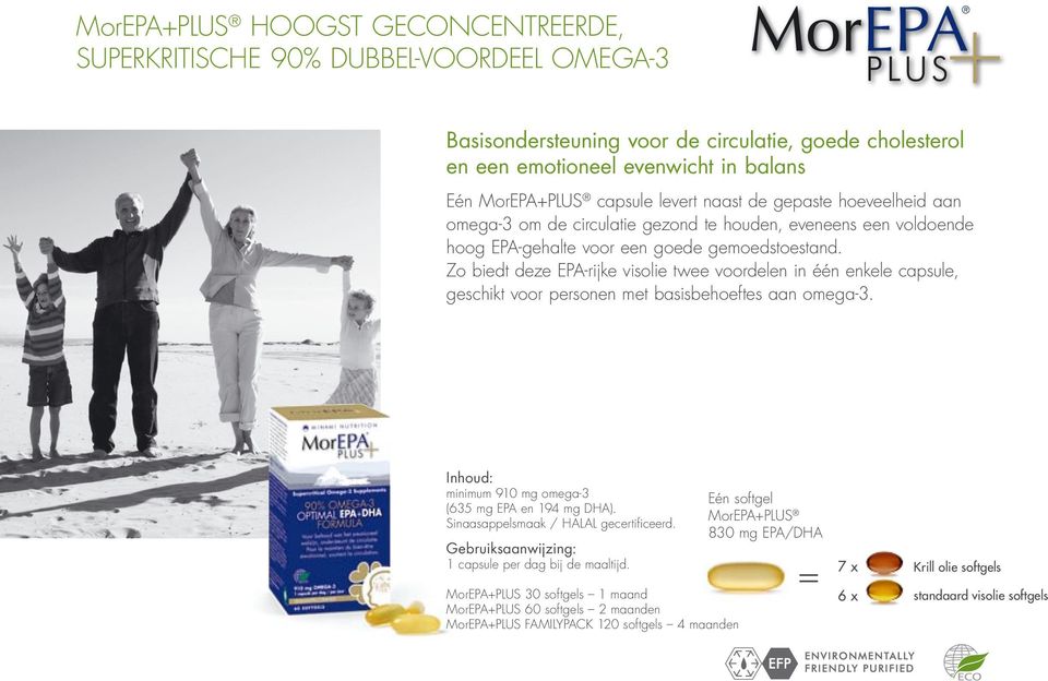 Zo biedt deze EPA-rijke visolie twee voordelen in één enkele capsule, geschikt voor personen met basisbehoeftes aan omega-3. Inhoud: minimum 910 mg omega-3 (635 mg EPA en 194 mg DHA).