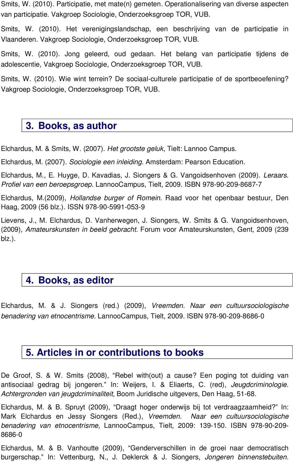 De sociaal-culturele participatie of de sportbeoefening? Vakgroep Sociologie, Onderzoeksgroep TOR, VUB. 3. Books, as author Elchardus, M. & Smits, W. (2007). Het grootste geluk, Tielt: Lannoo Campus.