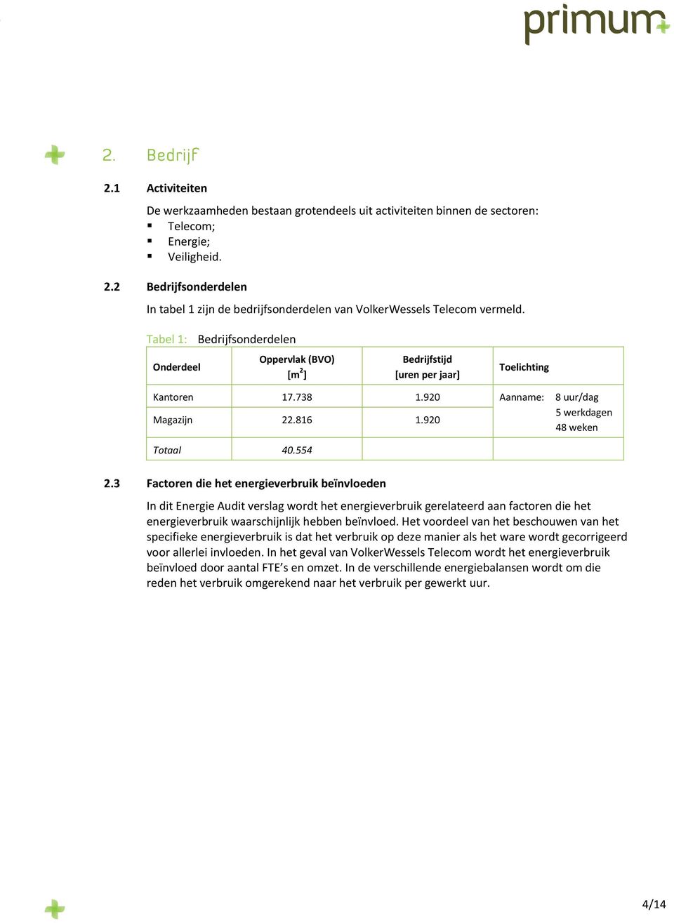 Tabel 1: Bedrijfsonderdelen Onderdeel Oppervlak (BVO) [m 2 ] Bedrijfstijd [uren per jaar] Toelichting Kantoren 17.738 1.920 Aanname: 8 uur/dag Magazijn 22.816 1.920 5 werkdagen 48 weken Totaal 40.