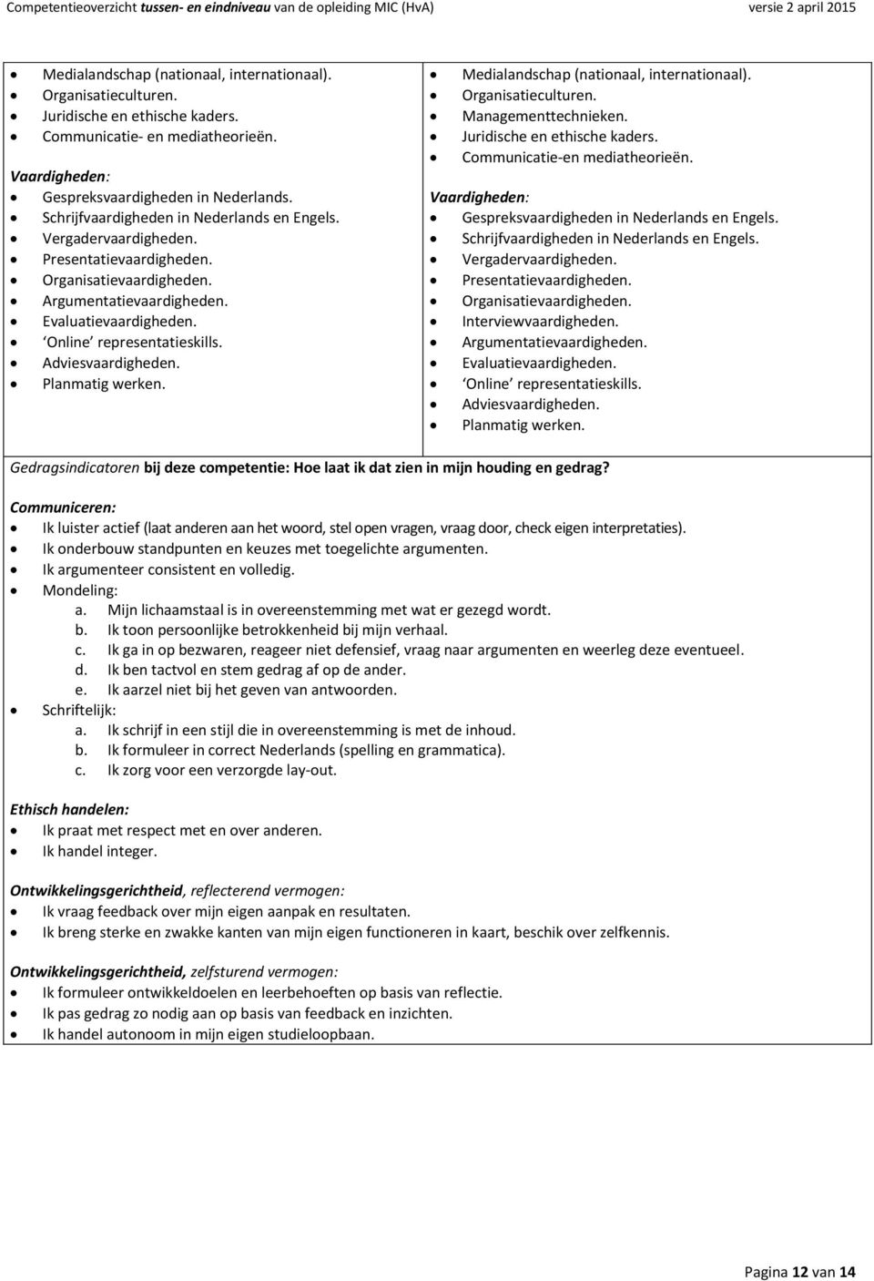 Adviesvaardigheden. Planmatig werken. Medialandschap (nationaal, internationaal). Organisatieculturen. Managementtechnieken. Juridische en ethische kaders. Communicatie-en mediatheorieën.