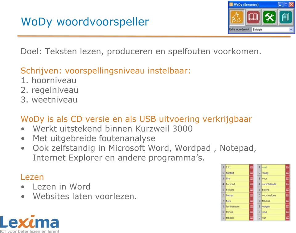 weetniveau WoDy is als CD versie en als USB uitvoering verkrijgbaar Werkt uitstekend binnen Kurzweil 3000