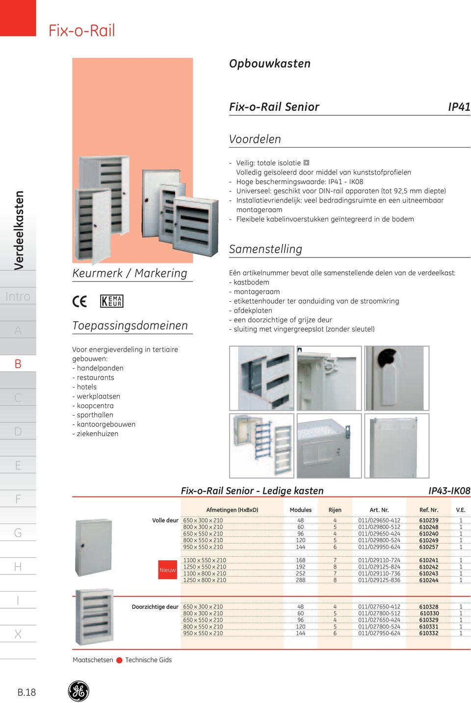 kabelinvoerstukken geïntegreerd in de bodem Samenstelling én artikelnummer bevat alle samenstellende delen van de verdeelkast: - kastbodem - montageraam - etikettenhouder ter aanduiding van de