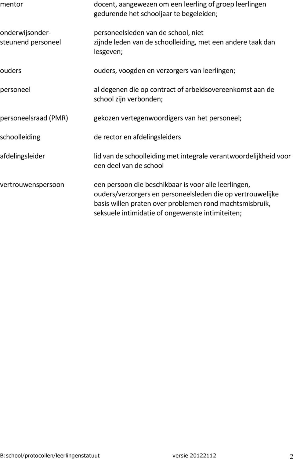 contract of arbeidsovereenkomst aan de school zijn verbonden; gekozen vertegenwoordigers van het personeel; de rector en afdelingsleiders lid van de schoolleiding met integrale verantwoordelijkheid