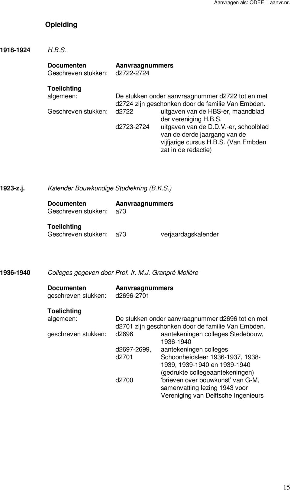 j. Kalender Bouwkundige Studiekring (B.K.S.) Geschreven stukken: a73 Geschreven stukken: a73 verjaardagskalender 1936-1940 Colleges gegeven door Prof. Ir. M.J.