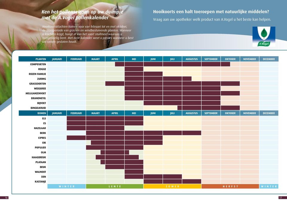 Wanneer u klachten krijgt, hangt af van het soort stuifmeel waaraan u overgevoelig bent. Met deze kalender weet u precies wanneer u best uw ramen gesloten houdt.