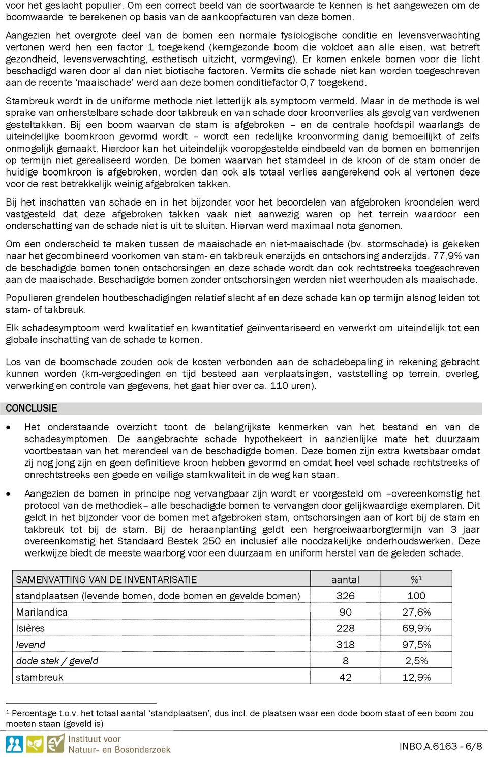 gezondheid, levensverwachting, esthetisch uitzicht, vormgeving). Er komen enkele bomen voor die licht beschadigd waren door al dan niet biotische factoren.