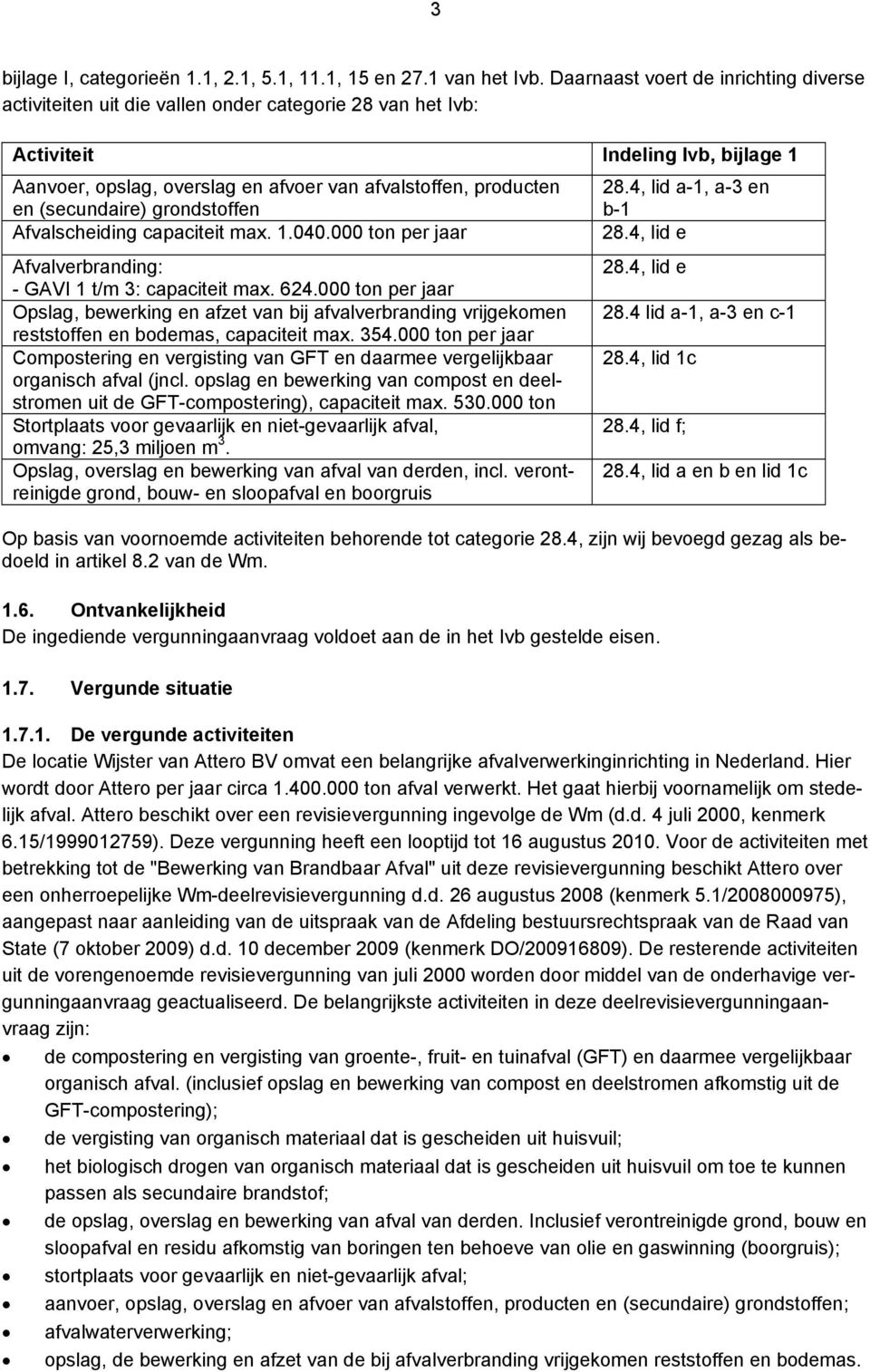 (secundaire) grondstoffen 28.4, lid a-1, a-3 en b-1 Afvalscheiding capaciteit max. 1.040.000 ton per jaar 28.4, lid e Afvalverbranding: - GAVI 1 t/m 3: capaciteit max. 624.