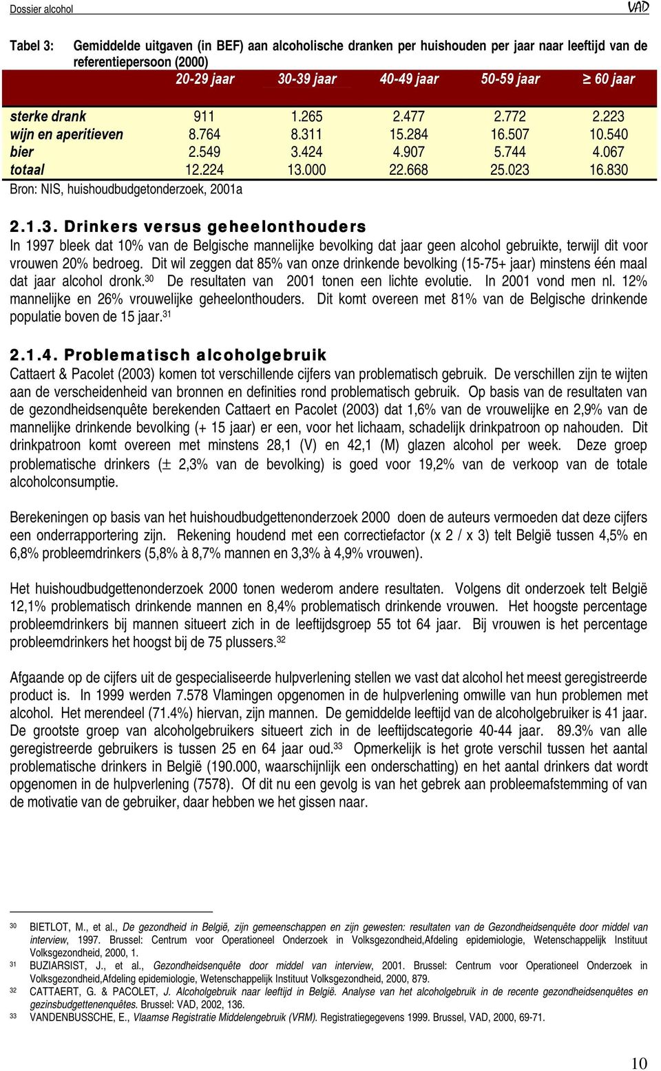 830 Bron: NIS, huishoudbudgetonderzoek, 2001a 2.1.3. Drinkers versus geheelonthouders In 1997 bleek dat 10% van de Belgische mannelijke bevolking dat jaar geen alcohol gebruikte, terwijl dit voor vrouwen 20% bedroeg.