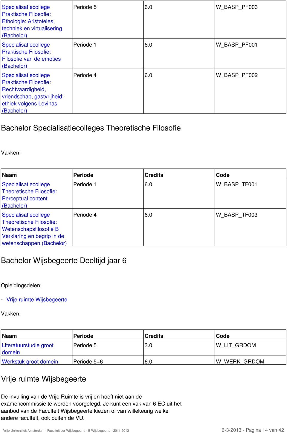 0 W_BASP_PF002 Bachelor s Theoretische Filosofie Theoretische Filosofie: Perceptual content Theoretische Filosofie: Wetenschapsfilosofie B Verklaring en begrip in de wetenschappen Bachelor