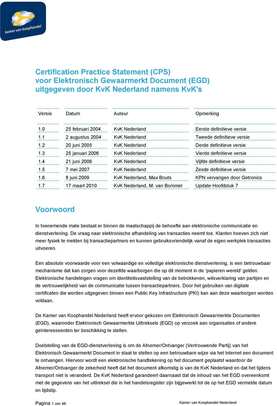 3 25 januari 2006 KvK Nederland Vierde definitieve versie 1.4 21 juni 2006 KvK Nederland Vijfde definitieve versie 1.5 7 mei 2007 KvK Nederland Zesde definitieve versie 1.