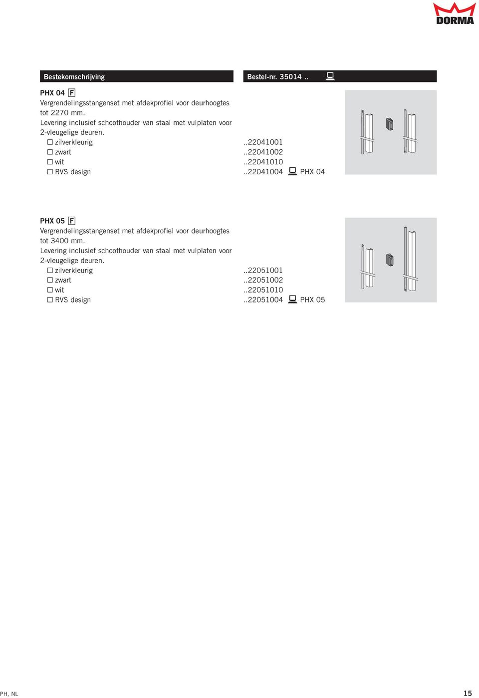 .22041010 Y RVS design..22041004 b PHX 04 PHX 05 F Vergrendelingsstangenset met afdekprofiel voor deurhoogtes tot 3400 mm.