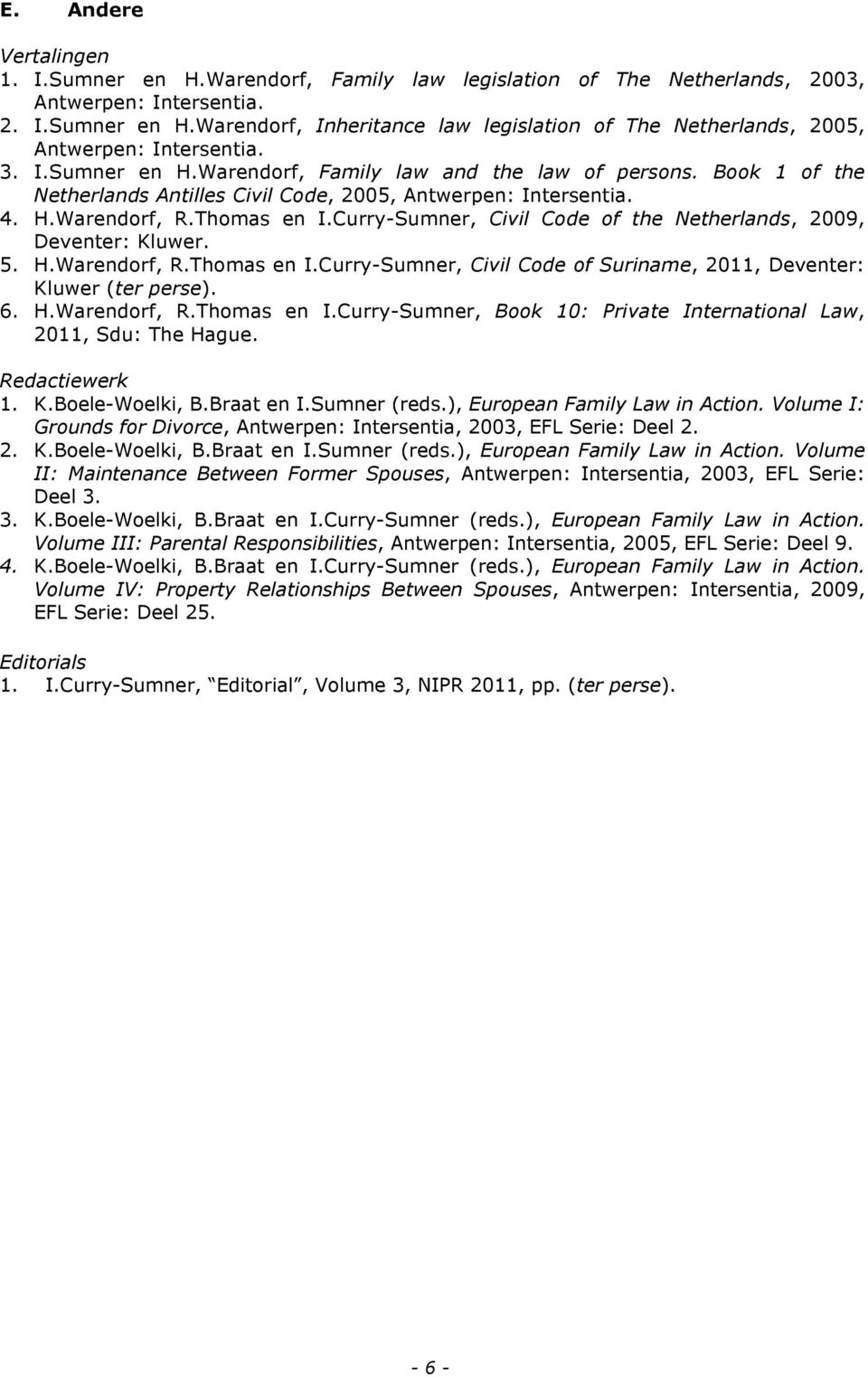 Curry-Sumner, Civil Code of the Netherlands, 2009, Deventer: Kluwer. 5. H.Warendorf, R.Thomas en I.Curry-Sumner, Civil Code of Suriname, 2011, Deventer: Kluwer (ter perse). 6. H.Warendorf, R.Thomas en I.Curry-Sumner, Book 10: Private International Law, 2011, Sdu: The Hague.