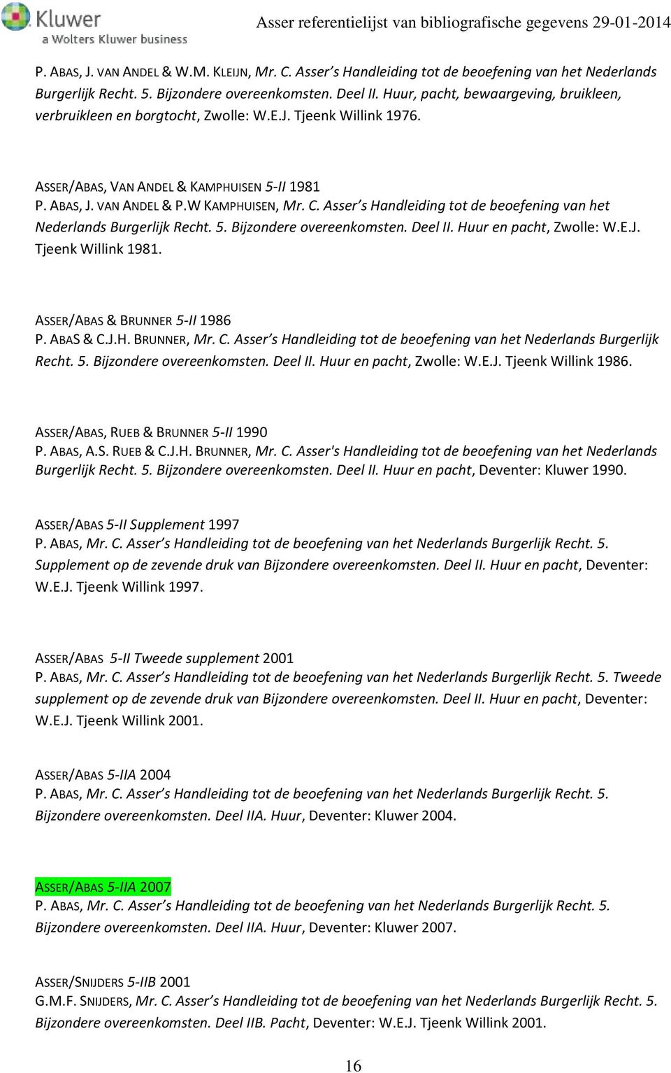 Asser s Handleiding tot de beoefening van het Nederlands Burgerlijk Recht. 5. Bijzondere overeenkomsten. Deel II. Huur en pacht, Zwolle: W.E.J. Tjeenk Willink 1981. ASSER/ABAS & BRUNNER 5-II 1986 P.