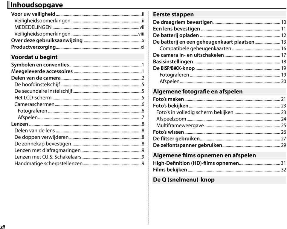 ..6 Fotograferen...6 Afspelen...7 Lenzen...8 Delen van de lens...8 De doppen verwijderen...8 De zonnekap bevestigen...8 Lenzen met diafragmaringen...9 Lenzen met O.I.S. Schakelaars.