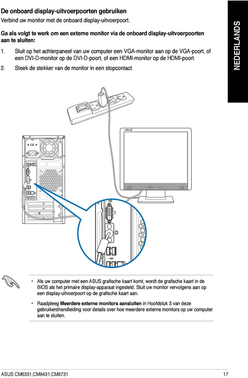 Steek de stekker van de monitor in een stopcontact. Als uw computer met een ASUS grafische kaart komt, wordt de grafische kaart in de BIOS als het primaire display-apparaat ingesteld.