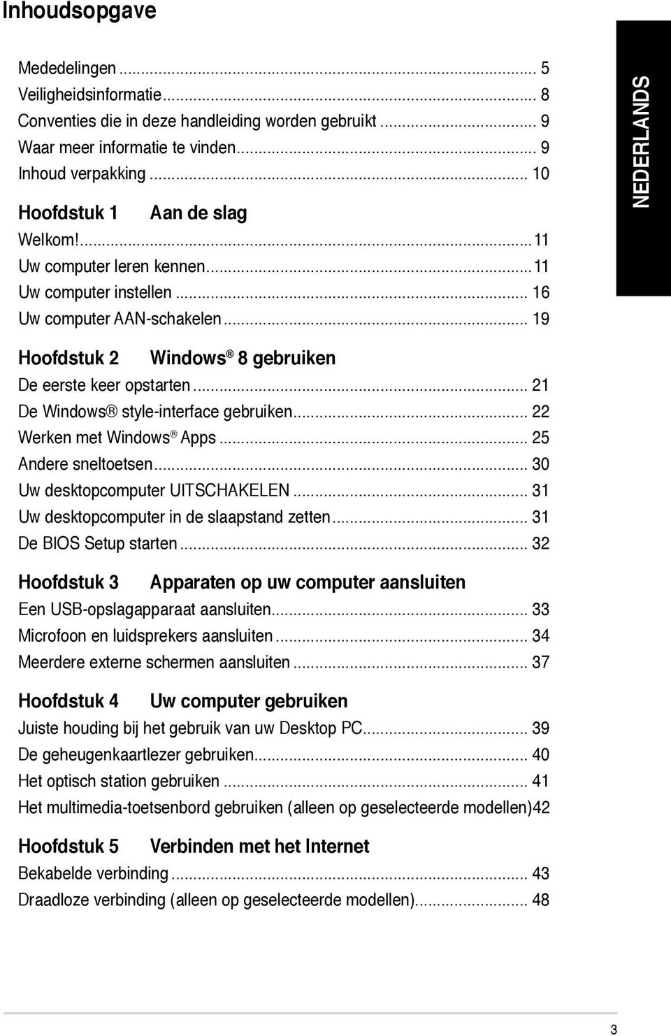 .. 21 De Windows style-interface gebruiken... 22 Werken met Windows Apps... 25 Andere sneltoetsen... 30 Uw desktopcomputer UITSCHAKELEN... 31 Uw desktopcomputer in de slaapstand zetten.