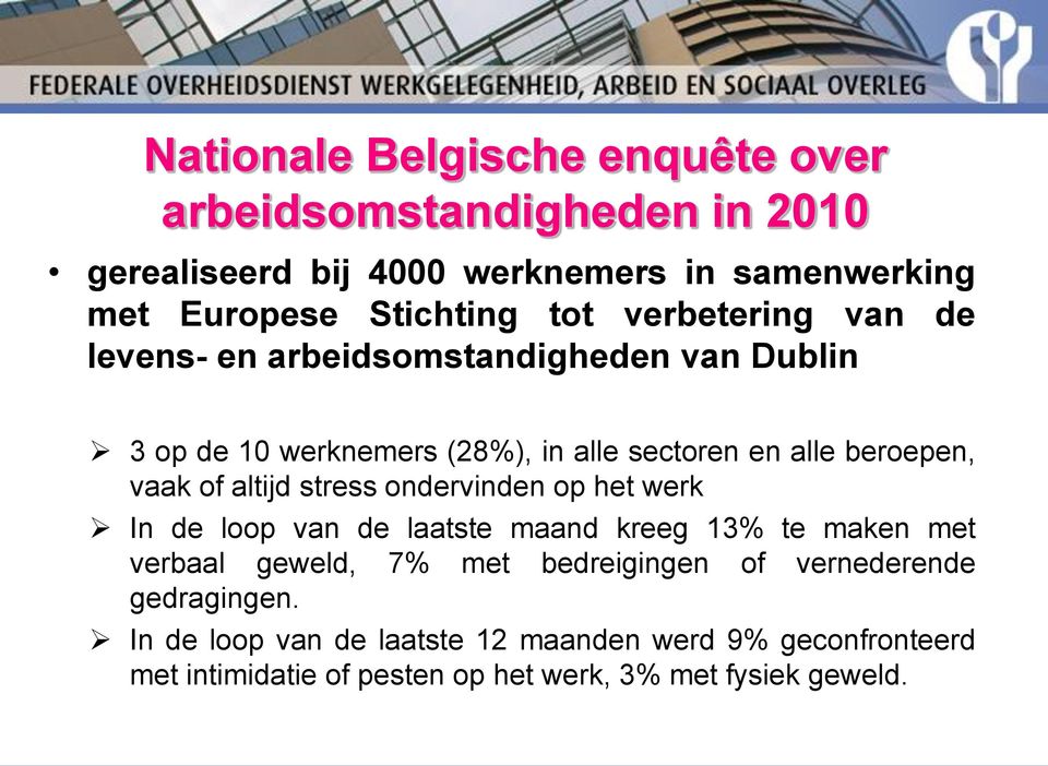 of altijd stress ondervinden op het werk In de loop van de laatste maand kreeg 13% te maken met verbaal geweld, 7% met bedreigingen of