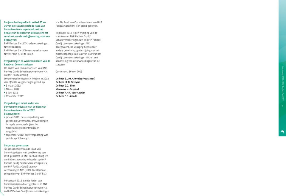 Vergaderingen en werkzaamheden van de Raad van Commissarissen De Raden van Commissarissen van BNP Paribas Cardif Schadeverzekeringen N.V. en BNP Paribas Cardif Levensverzekeringen N.V. hebben in 2012 vier officiële vergaderingen gehad, op: 9 maart 2012 16 mei 2012 8 jni 2012 12 oktober 2012.