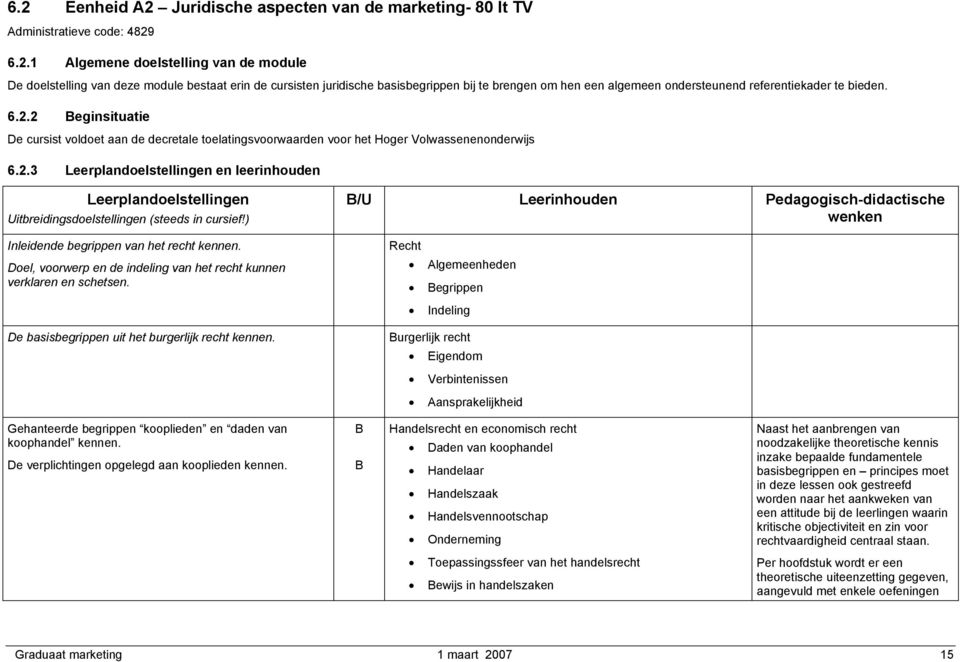 2 eginsituatie De cursist voldoet aan de decretale toelatingsvoorwaarden voor het Hoger Volwassenenonderwijs 6.2.3 Leerplandoelstellingen en leerinhouden Leerplandoelstellingen Inleidende begrippen van het recht kennen.