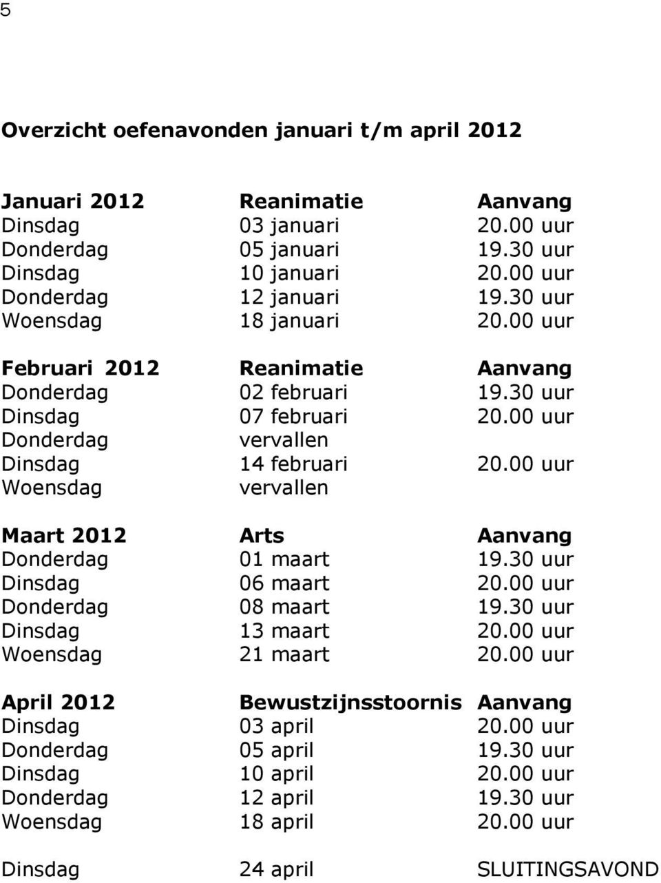 00 uur Donderdag vervallen Dinsdag 14 februari 20.00 uur Woensdag vervallen Maart 2012 Arts Aanvang Donderdag 01 maart 19.30 uur Dinsdag 06 maart 20.00 uur Donderdag 08 maart 19.