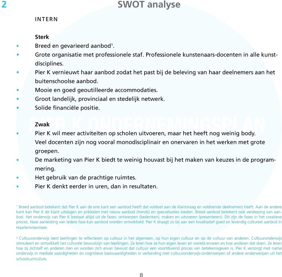 Groot landelijk, provinciaal en stedelijk netwerk. Solide financiële positie. PIER K ONDERNEMINGSPLAN Zwak Pier K wil meer activiteiten op scholen uitvoeren, maar het heeft nog weinig body.