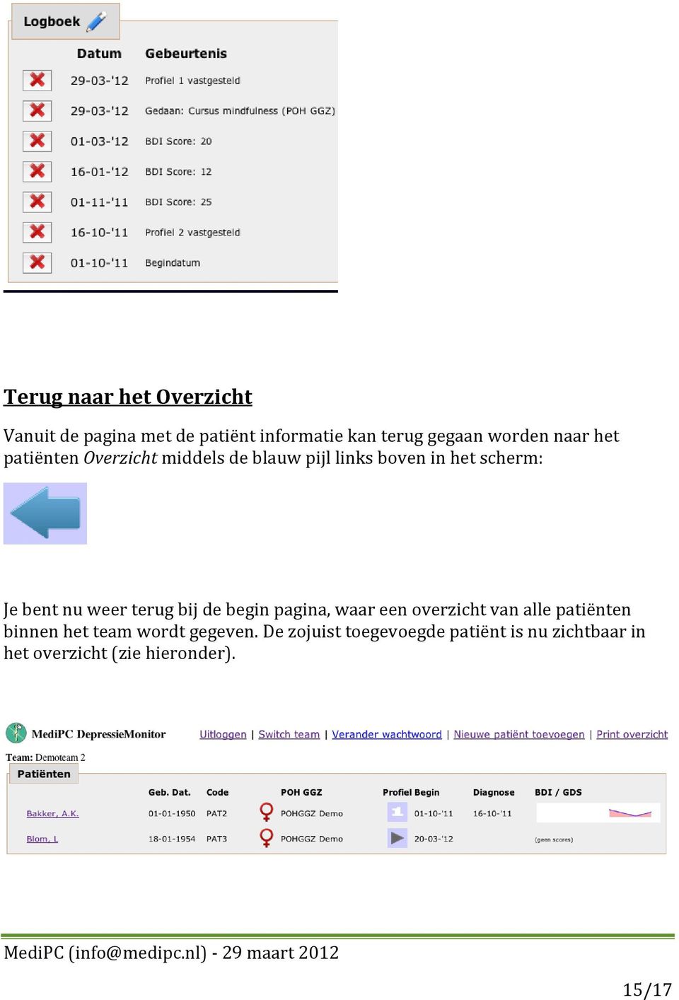 begin pagina, waar een overzicht van alle patiënten binnen het team wordt gegeven.