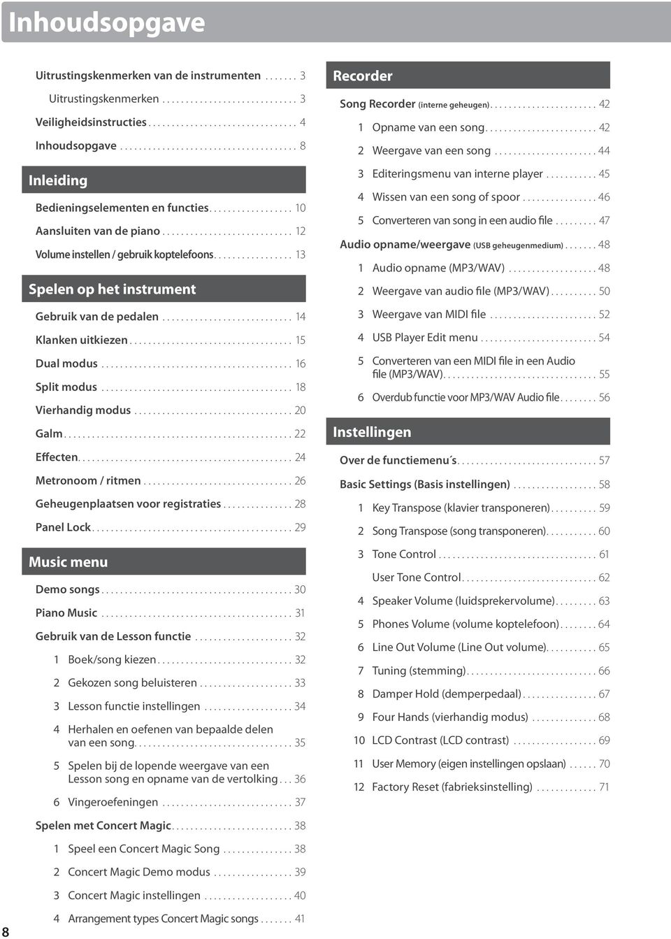 ..18 Vierhandig modus...20 Galm...22 Effecten...24 Metronoom / ritmen...26 Geheugenplaatsen voor registraties...28 Panel Lock...29 Music menu Demo songs...30 Piano Music.