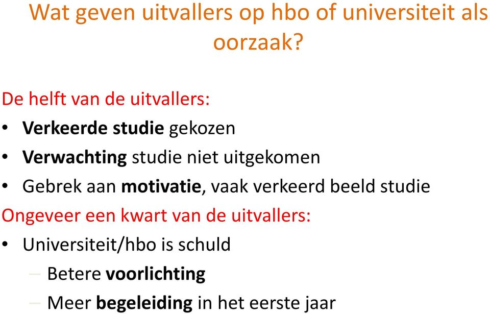 uitgekomen Gebrek aan motivatie, vaak verkeerd beeld studie Ongeveer een kwart