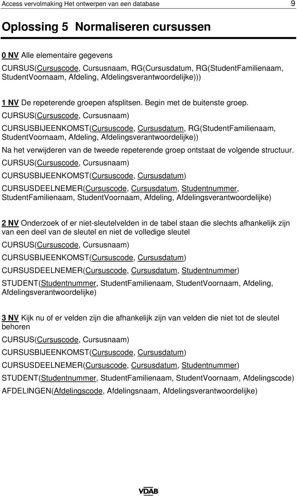 CURSUS(Cursuscode, Cursusnaam) CURSUSBIJEENKOMST(Cursuscode, Cursusdatum, RG(StudentFamilienaam, StudentVoornaam, Afdeling, Afdelingsverantwoordelijke)) Na het verwijderen van de tweede repeterende