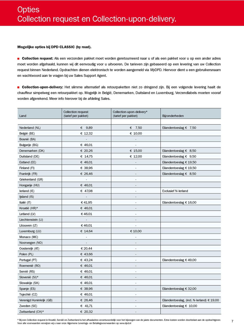 De tarieven zijn gebaseerd op een levering van uw Collection request binnen Nederland. Opdrachten dienen elektronisch te worden aangemeld via MyDPD.