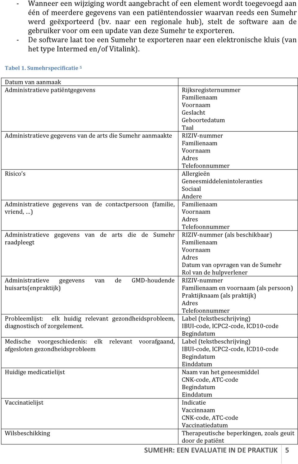 De software laat toe een Sumehr te exporteren naar een elektronische kluis (van het type Intermed en/of Vitalink). Tabel 1.