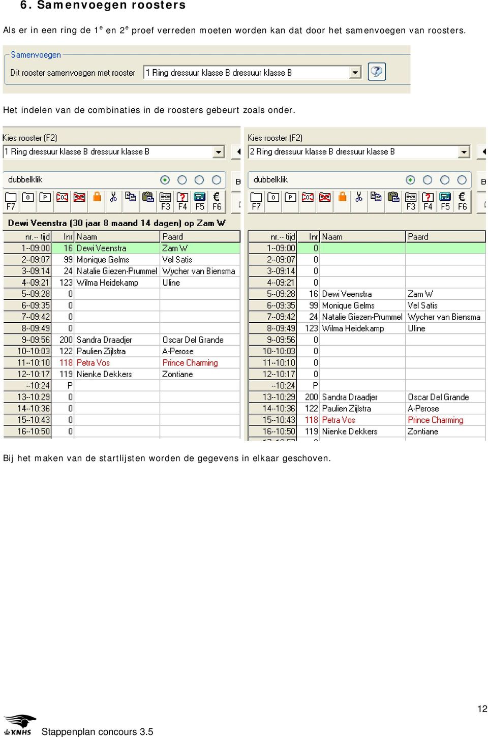 Het indelen van de combinaties in de roosters gebeurt zoals onder.