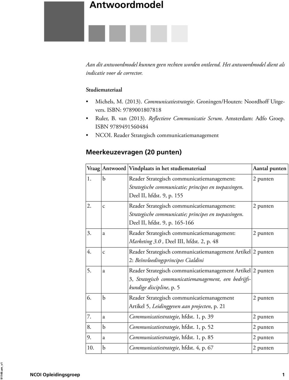 Reader Strategisch communicatiemanagement Meerkeuzevragen (20 punten) Vraag Antwoord Vindplaats in het studiemateriaal 1.