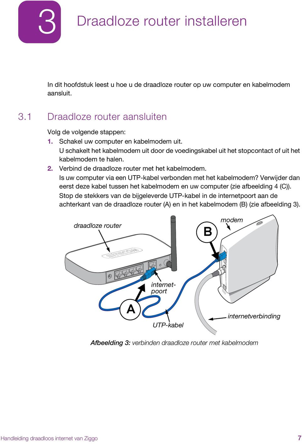 Is uw computer via een UTP-kabel verbonden met het kabelmodem? Verwijder dan eerst deze kabel tussen het kabelmodem en uw computer (zie afbeelding 4 (C)).