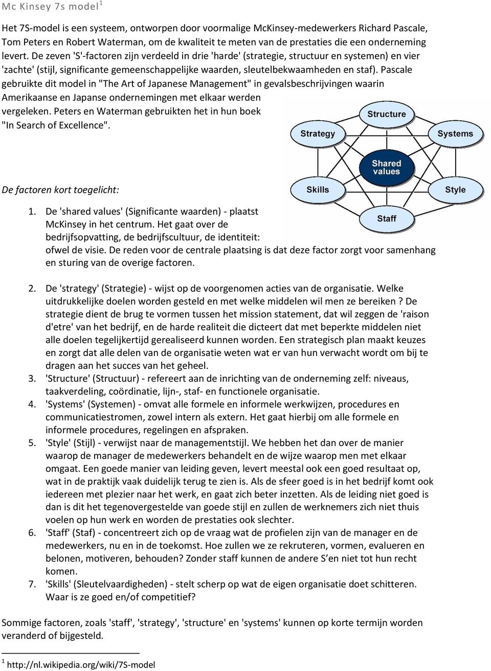 De zeven 'S'-factoren zijn verdeeld in drie 'harde' (strategie, structuur en systemen) en vier 'zachte' (stijl, significante gemeenschappelijke waarden, sleutelbekwaamheden en staf).