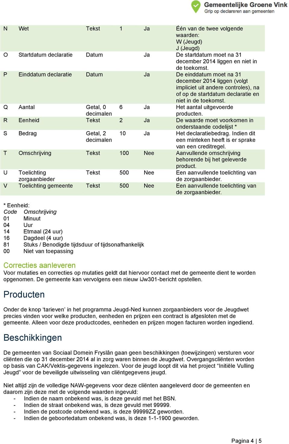 Q Aantal Getal, 0 6 Ja Het aantal uitgevoerde producten. R Eenheid Tekst 2 Ja De waarde moet voorkomen in S Bedrag Getal, 2 onderstaande codelijst * 10 Ja Het declaratiebedrag.