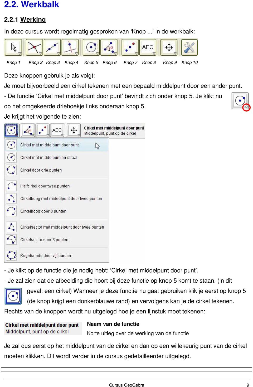 een ander punt. - De functie Cirkel met middelpunt door punt bevindt zich onder knop 5. Je klikt nu op het omgekeerde driehoekje links onderaan knop 5.