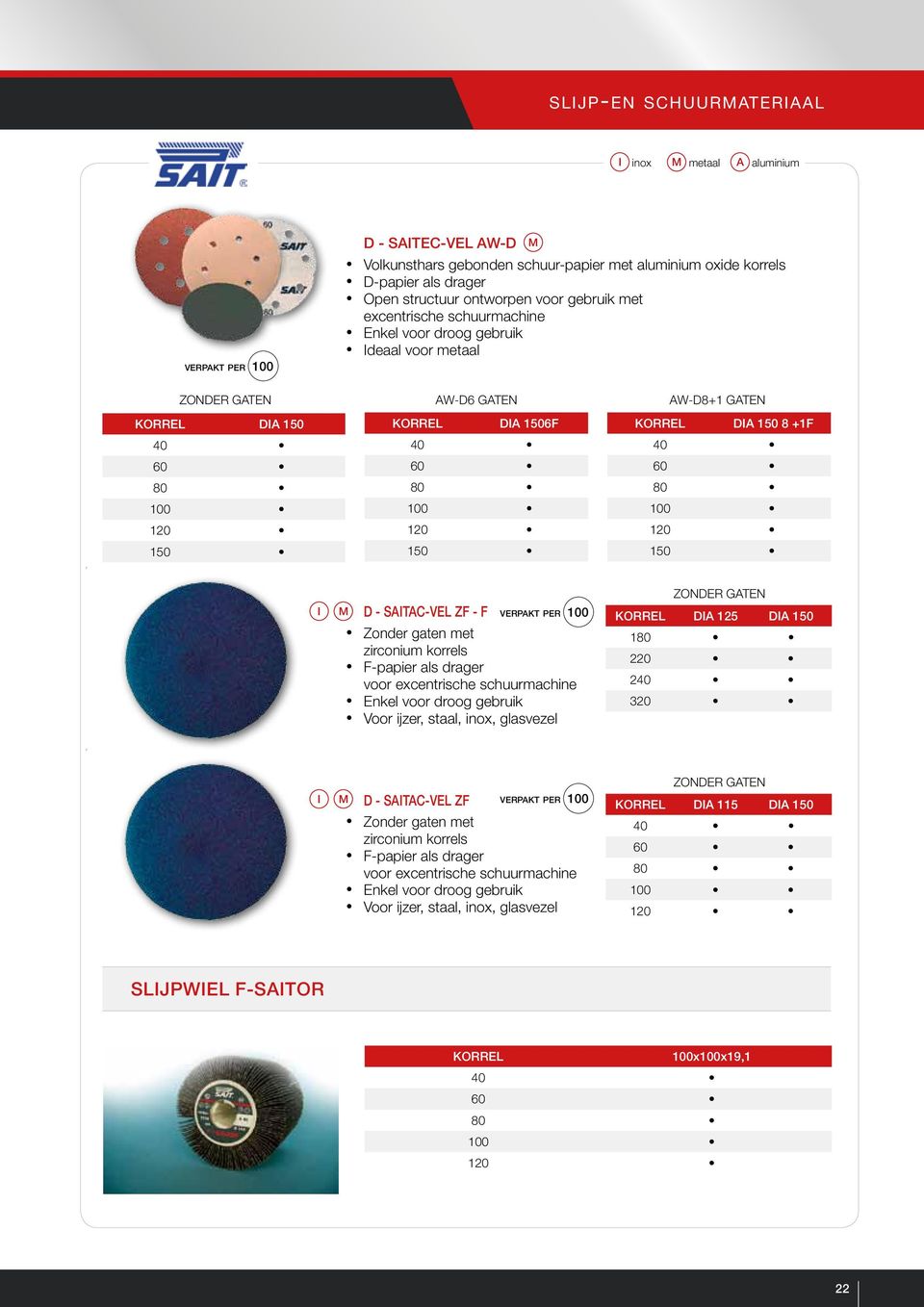 150 8 +1F 40 60 80 100 120 150 I M D - SAITAC-VEL ZF - F Zonder gaten met zirconium korrels F-papier als drager voor excentrische schuurmachine Enkel voor droog gebruik Voor ijzer, staal, inox,