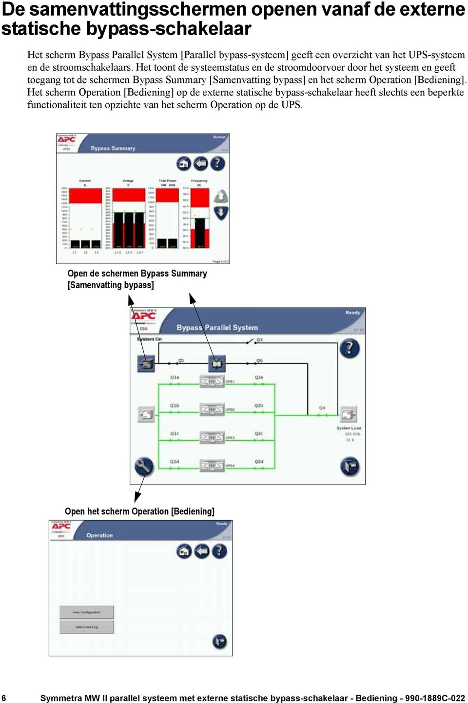 Het toont de systeemstatus en de stroomdoorvoer door het systeem en geeft toegang tot de schermen Bypass Summary [Samenvatting bypass] en het scherm Operation