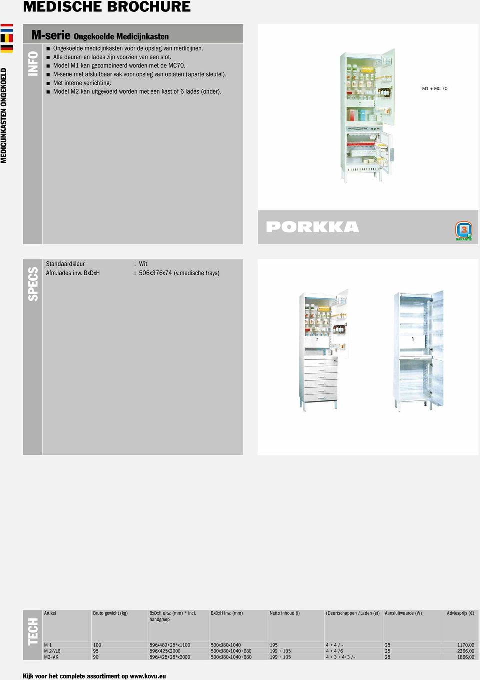 Model M2 kan uitgevoerd worden met een kast of 6 lades (onder). Standaardkleur Afm.lades inw. BxDxH : Wit : 506x376x74 (v.medische trays) Artikel Bruto gewicht (kg) BxDxH uitw. (mm) * incl.