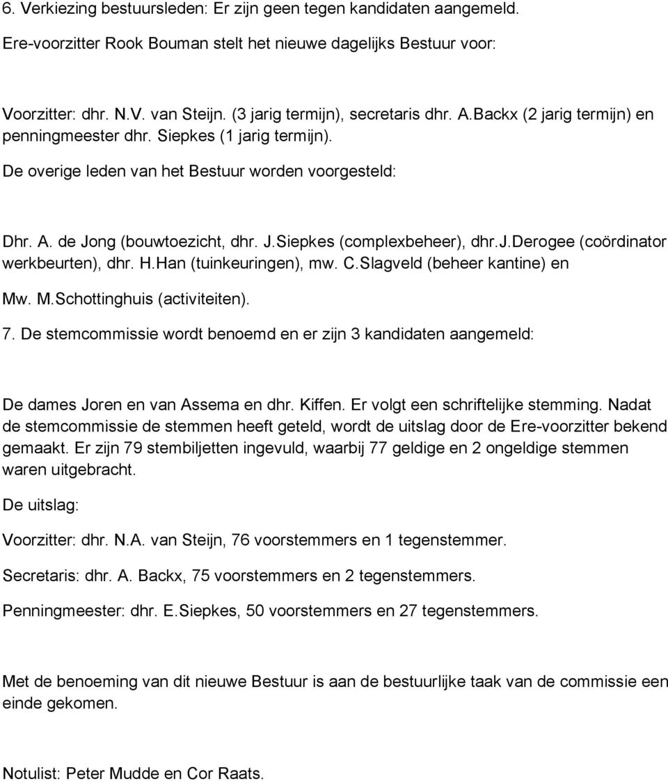 J.Siepkes (complexbeheer), dhr.j.derogee (coördinator werkbeurten), dhr. H.Han (tuinkeuringen), mw. C.Slagveld (beheer kantine) en Mw. M.Schottinghuis (activiteiten). 7.