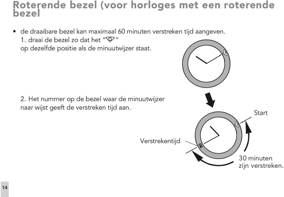 draai de bezel zo dat het op dezelfde positie als de minuutwijzer staat. 2.