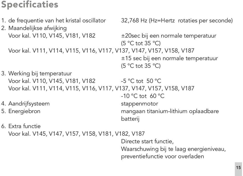 V111, V114, V115, V116, V117, V137, V147, V157, V158, V187 ±15 sec bij een normale temperatuur (5 C tot 35 C) 3. Werking bij temperatuur Voor kal.